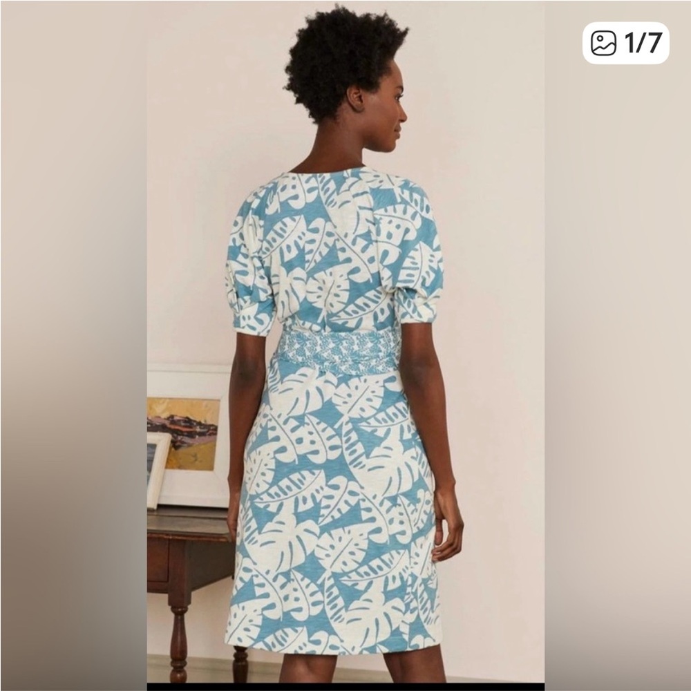 Boden Blue and White Palm Leaf Jersey Dress